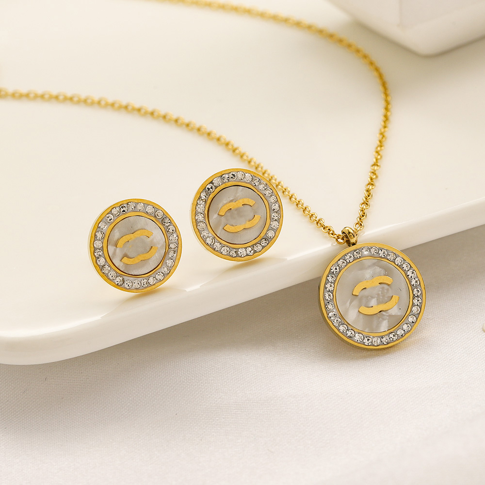 Quality Classic High Brand Designers Double Letters Stud Geometric Famous Women Gold Plated Sier Rhinestone Earring & Necklace Wedding Party Jewerlry