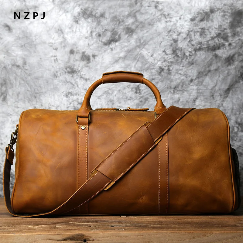 NZPJ mens vintage leather travel bag one layer denim large capacity travel bag business travel handbag shoulder messenger bag 241115