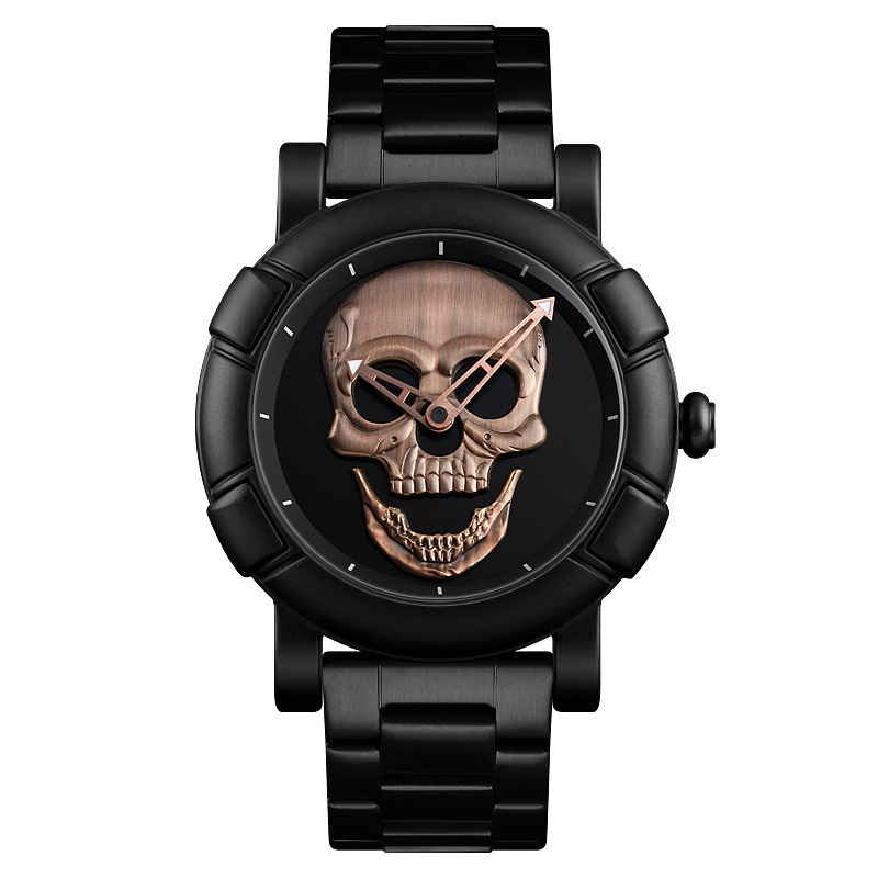 Fashion Men's Large Dial Personalized Skull Creative Steel Strap Quartz Waterproof Trend Dark Messenger Student Watch Thickness 11mm Dial Diamete