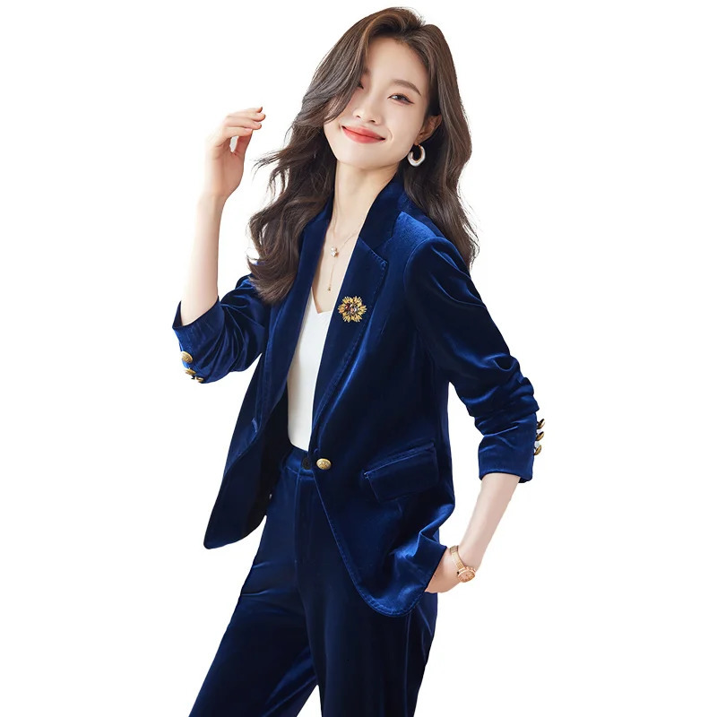 Womens spring oversized French velvet suit wide leg pants set retro casual solid color loose jacket twopiece 241115