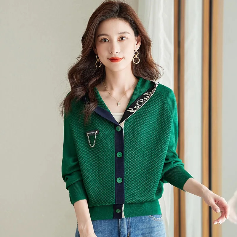 Women Clothes Autumn Winter Casual Hooded Knitting Cardigan Coat Fashion Office Lady Loose Solid Color Long Sleeve Tops 241108