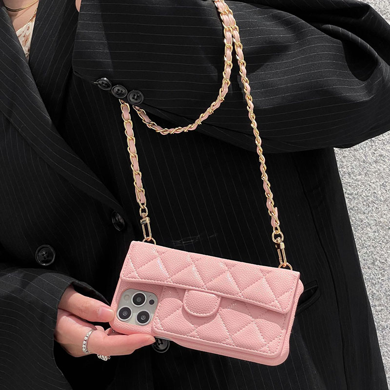 Crossbody Designer Phone Case for Apple iPhone 17 16 Pro Max 15 Luxury Pebbled Litchi Leather Diamond Pattern Chains Wallet Card Holder Shoulder Strap Back Cover Pink