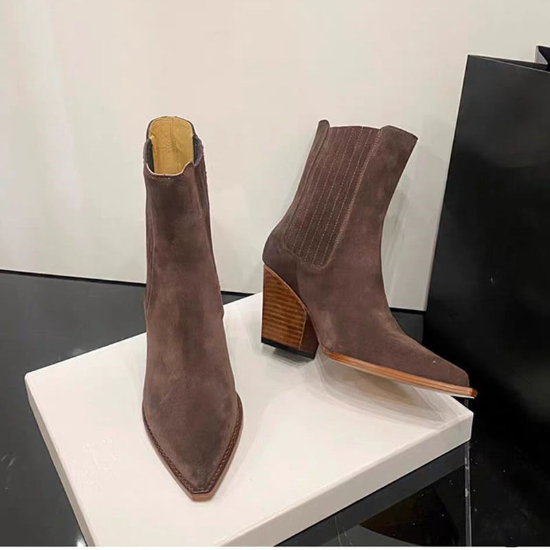 French frosted short boots for women's slim boots 2024 new foreign trade autumn and winter thick single boots retro pointed western boots