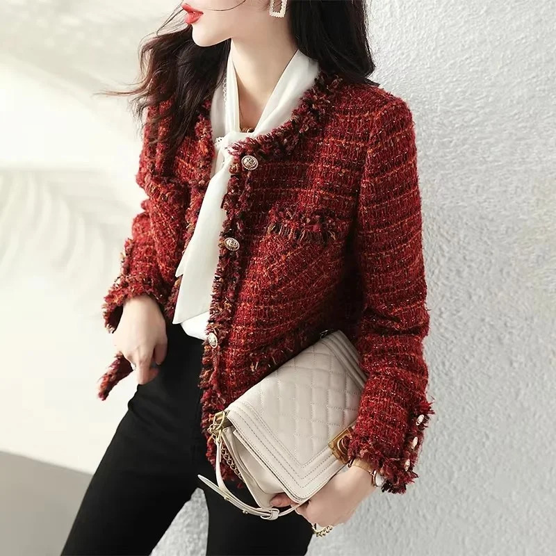 autumn jacket French high-end warm red perfume coat Womens short thick tweed coat Womens cutting jacket top 241115