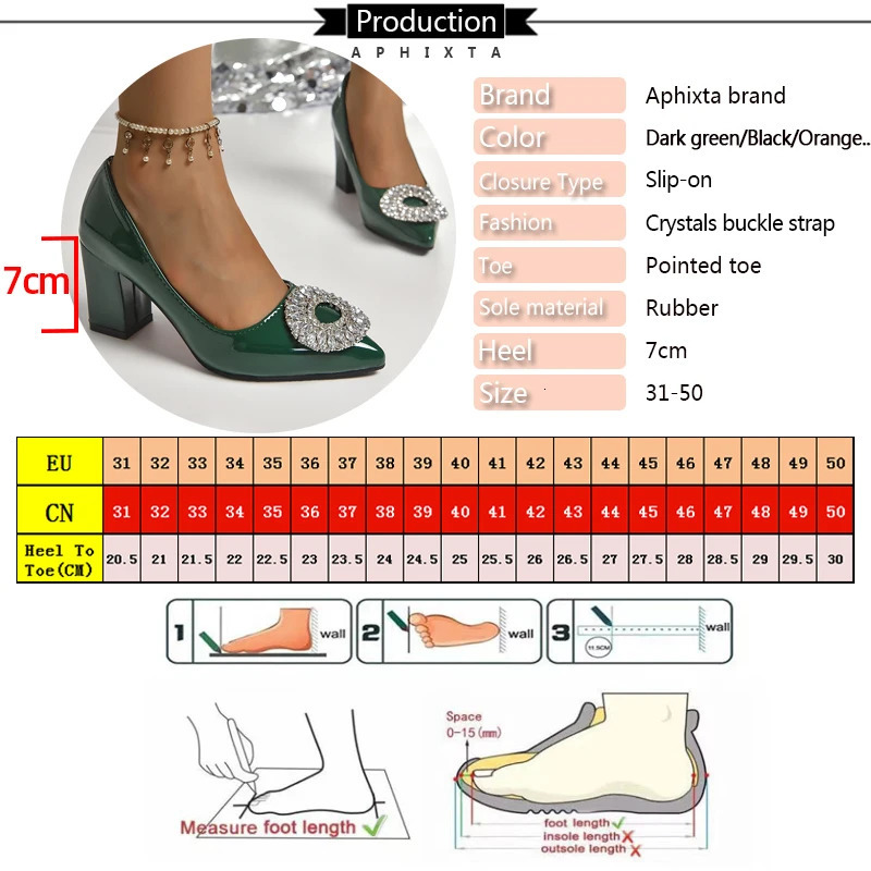 Aphixta Shiny Large Crystal Round Buckle 7cm Thick High Heel Pump Womens Shoes Dark Green Fashion Casual Corner Toe Pump 241115