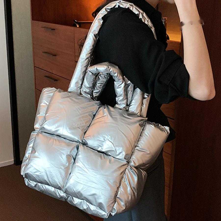 Down Bag WoMens Fashion Shoulder Bag Large Capacity Tote Bag High-end Feel Shiny Surface Handbag Simple Grid Cotton Jacket Bag 241104