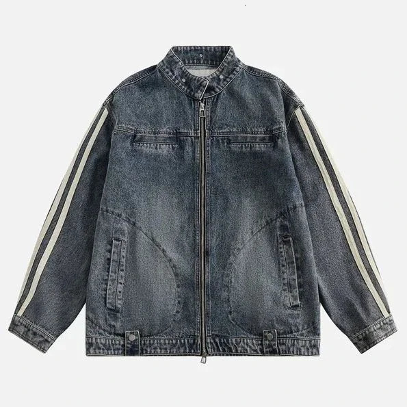 light blue denim long sleeved jacket mens Harajuku zipper jacket autumn winter top Y2K Gothic clothing jacket 241115
