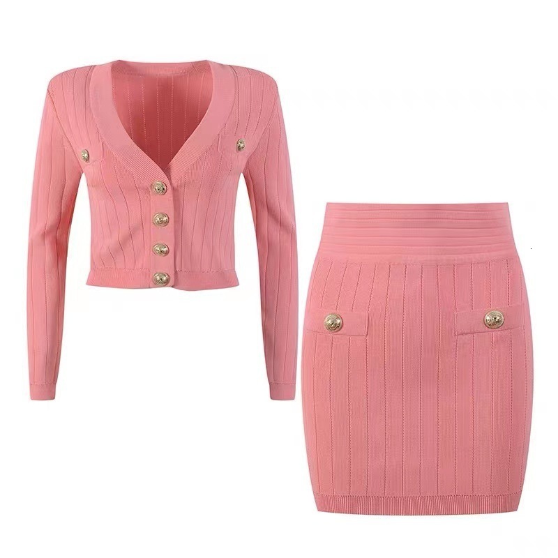 Ba Jia Cotton Edition Pink Knitted Coat with Bottom Tank Top Hanging Strap Long Skirt Set Temperament Wrapped Hip Half 240416