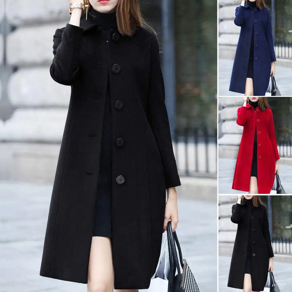 Fashion British Solid Button Wool Coat Women Long Sleeve Jackets Woman Elegant Pocket Slim Outfit Mujer 241108