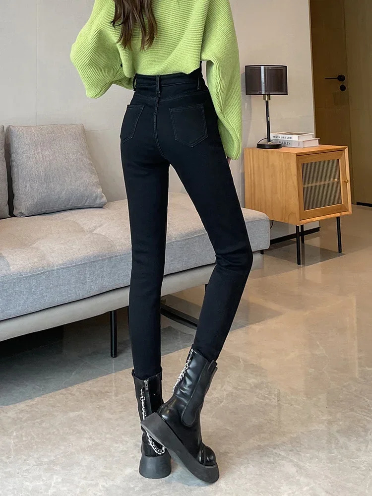 Skinny Womens Warm Jeans Winter Thicken Fleece Stretch High Waist Pencil Pants Fashion Korean Black Blue Gray Velvet Leggings 241115