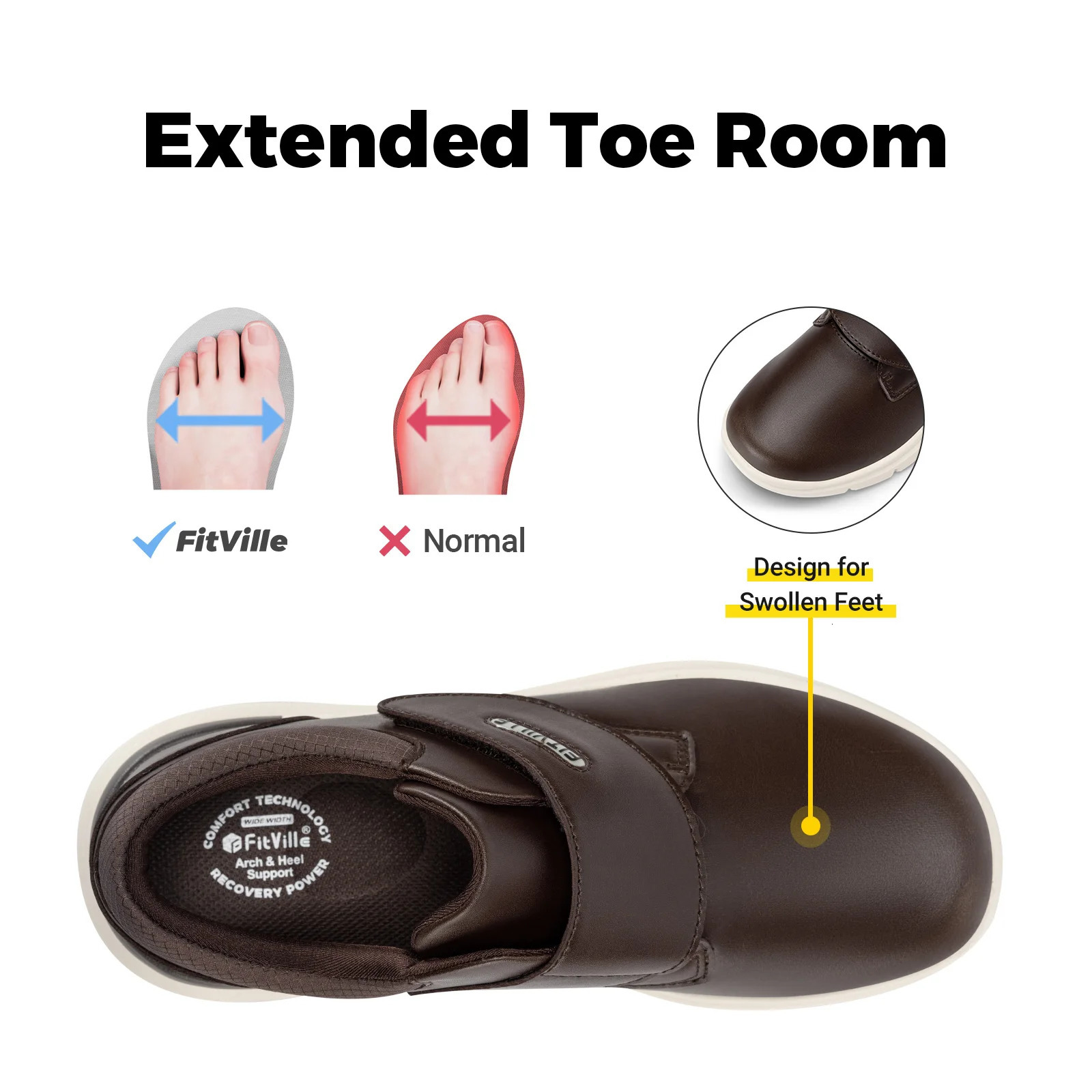 FitVille mens leather shoes diabetes shoes super wide slippery shoes suitable for orthopedic toes Swollen feet antiskid light 241115