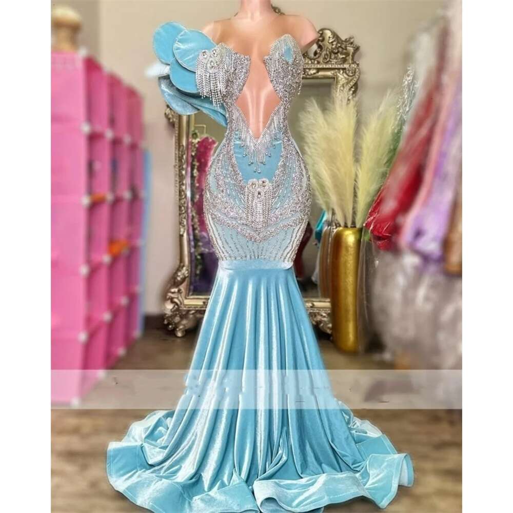Dias Sparkly Mermaid Prom Dress Blue Veet Glitter Bead Crystals Rhies Birthday Party Gown Robe Reception Gowns S