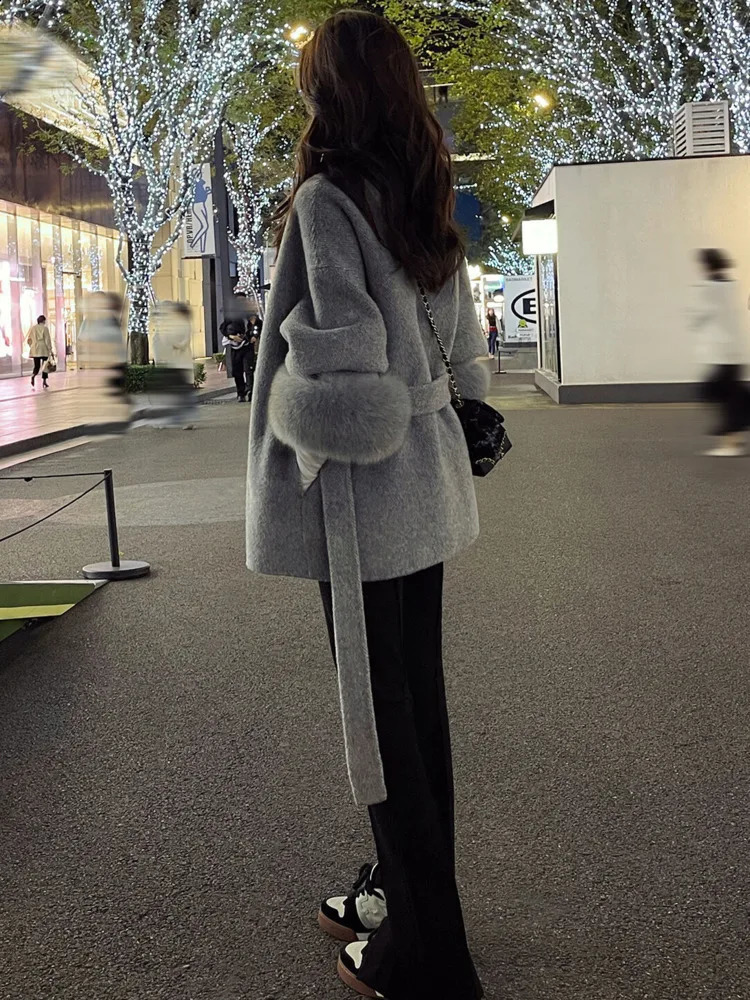 BJTZ High End Doublesided Wool Strapping Coat Womens Removable Cuffs Fur Temperament Cashmere Short Jacket 241116