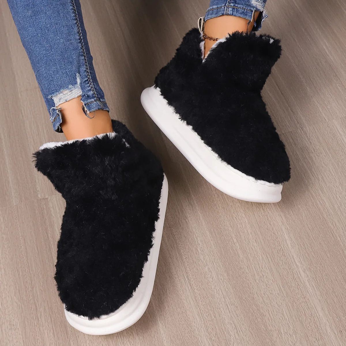 Women Warm Fur Slippers Couples Winter Platform Shoes Soft Plush Thick Sole Girls Boys Indoor Street Snow Boots Fluffy Footwear 241115