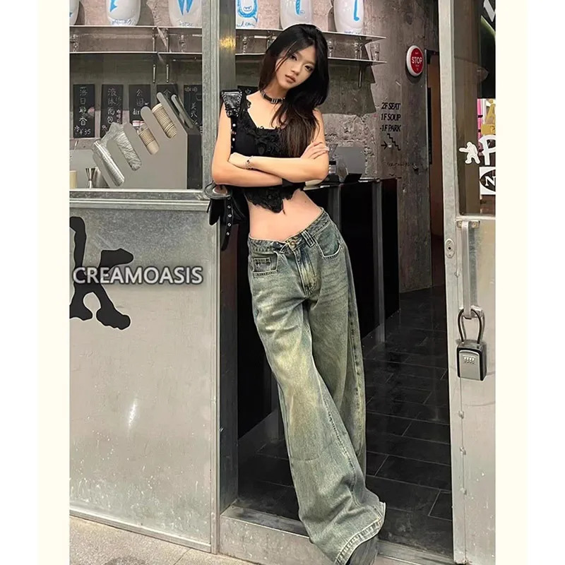 Blue Womens Jeans Hiphop Fashion Vintage Streetwear Y2K Wide Leg Straight Jean High Waist Trouser Classic Baggy Denim Pants 241115