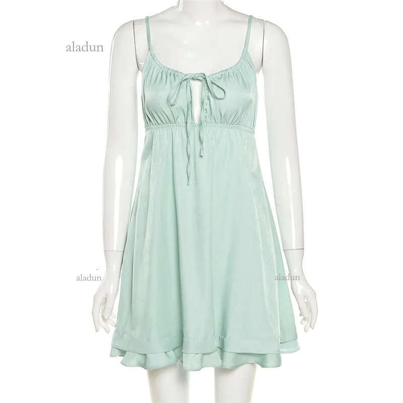 Mint Green Grunge Fairy Dresses Summer Spaghetti Strap Backless Sexy Sundresses Ruffles Strap Mini Dresses Women Clothes 210521
