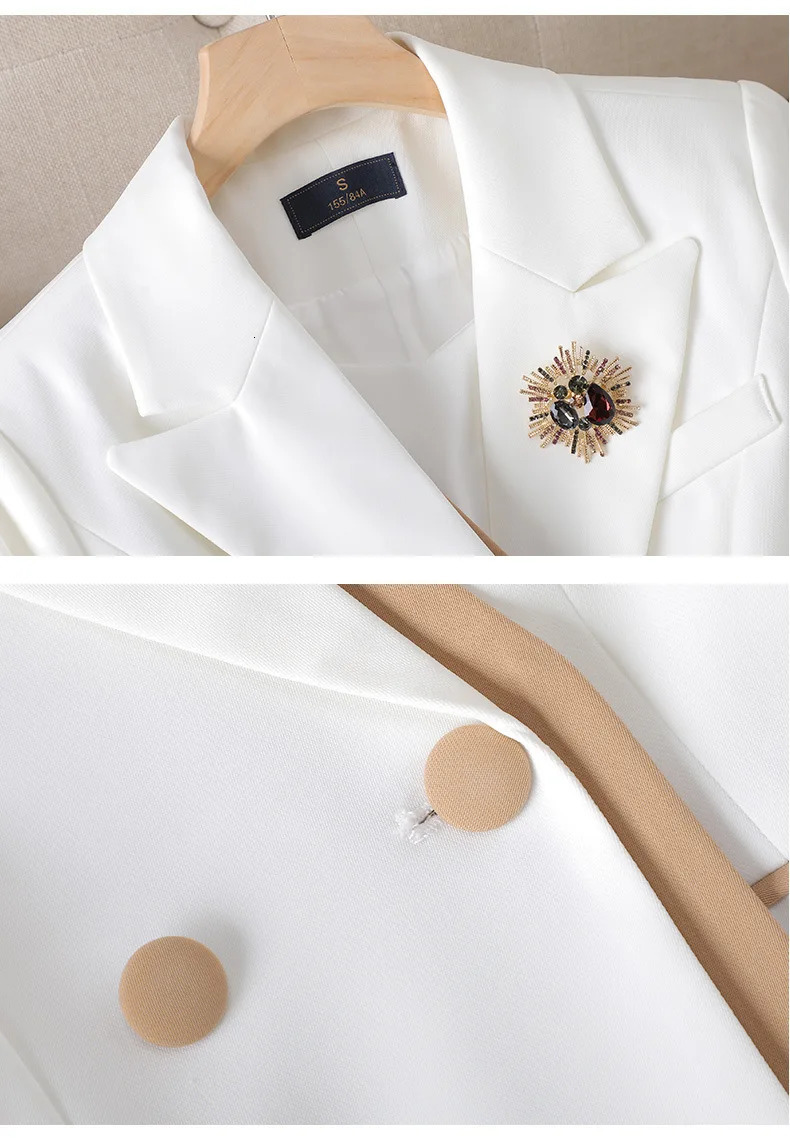 Womens jacket and pants set white long sleeved 2piece splicing work fashionable used for wedding parties or business meetings 241115