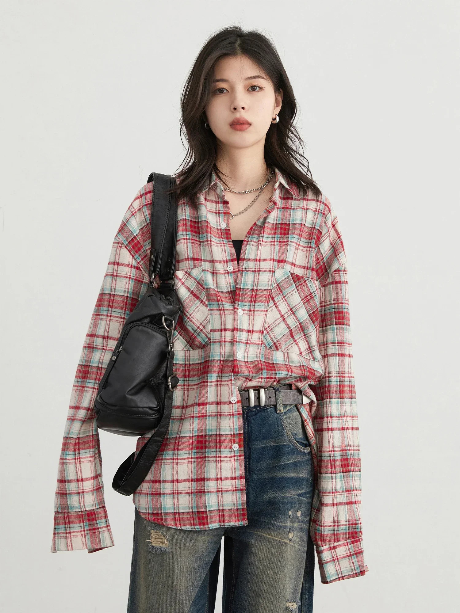 CHIC VEN Womens Cotton Shirt Single Chest Loose Retro Color Checkered Womens Shirt Autumn Spring 241115