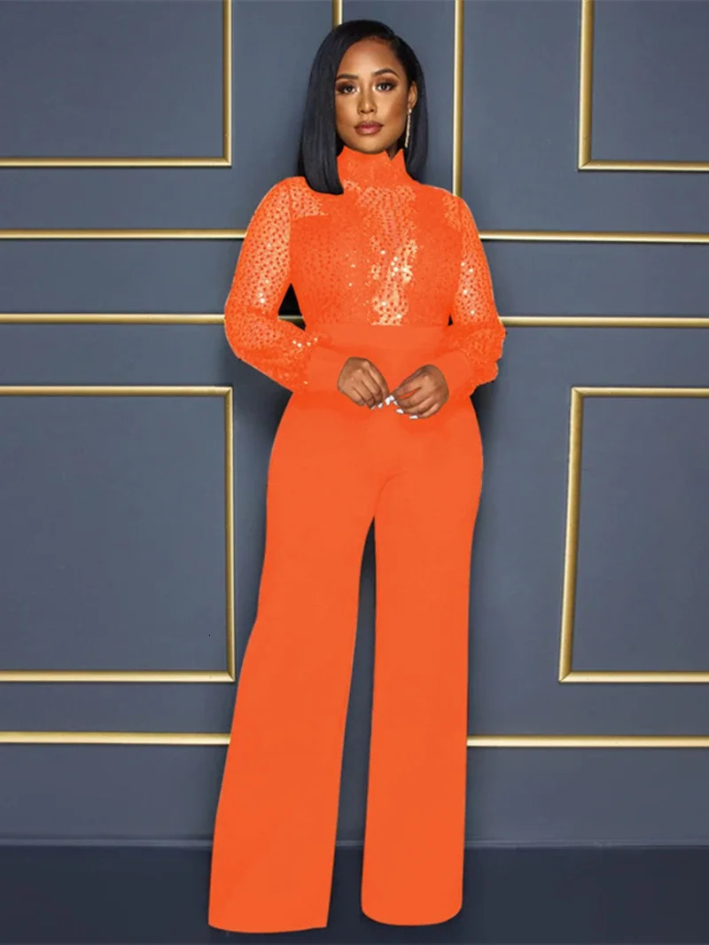 Streetwear Sequins Lace Patchwork Jumpsuit Women Autumn Clothes Solid Full Sleeve Rompers Playsuits One Pieces Overalls Outfits 241116