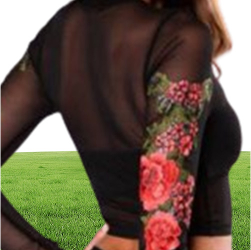 Embroidery Flower Black See Through TShirt Women Crop Top Transparent Mesh Sheer Tube Club Women Top Ladies Tees TShirts