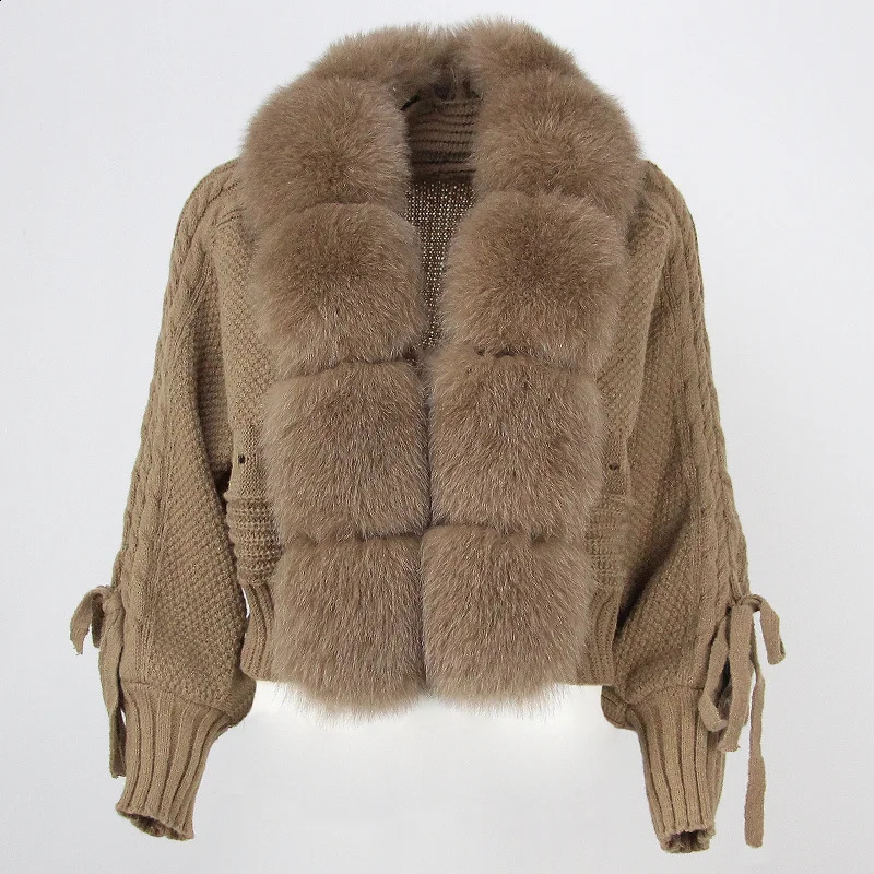 2023 Winter Women Casual Real Fur Collar Fashion Short Warm Loose Knitted Jacket with Natural Placket Coat 241116