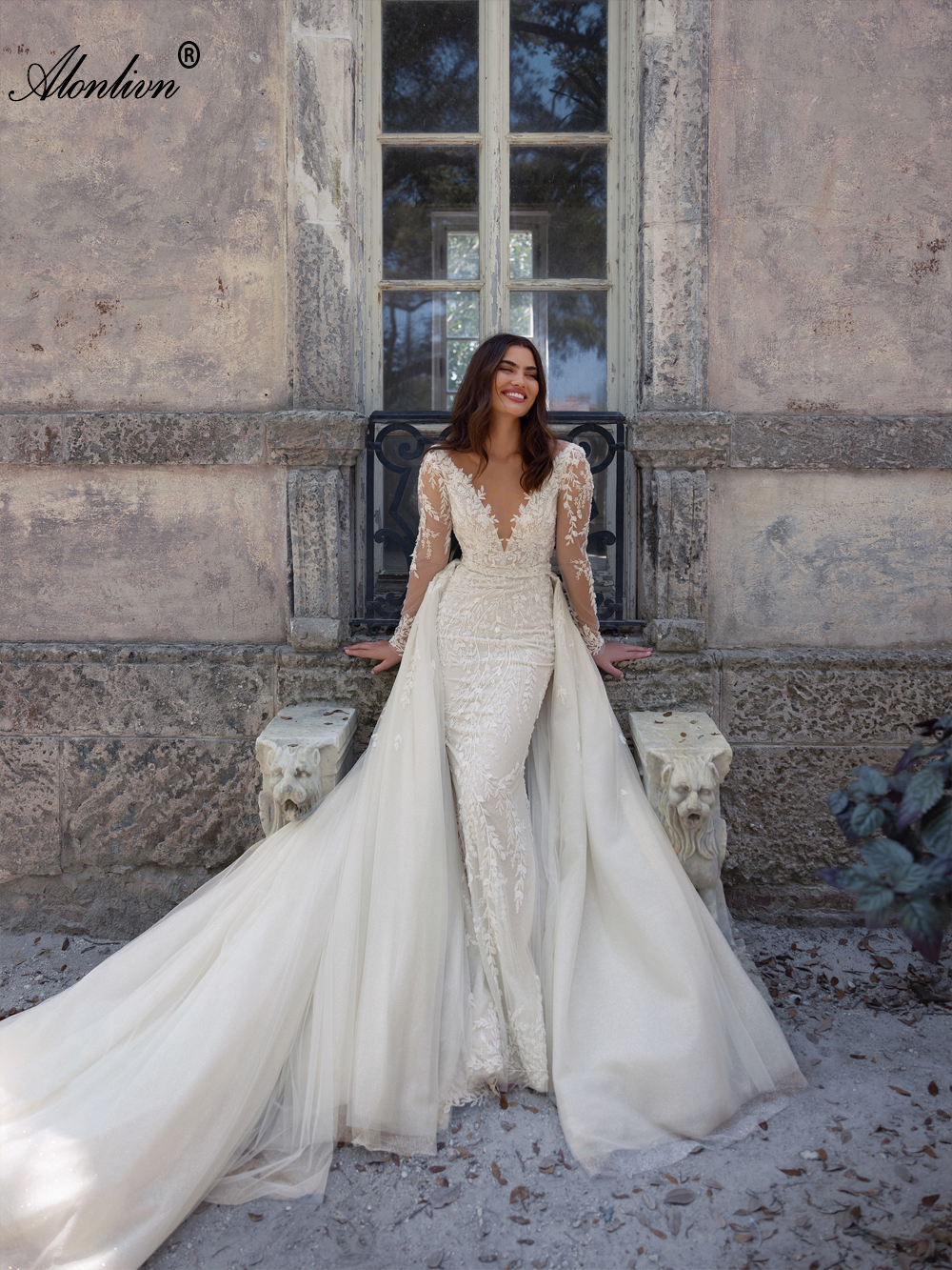 Allover Lace Beading Lace Sheer Neck 2 In 1 Mermaid Wedding Dress With Sliky Tulle Removable train Full Sleeves Trumpet Bridal Gowns With Floral Print