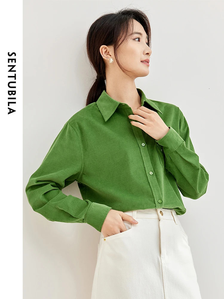 SENTUBILA Womens Cotton Corduroy Shirt Flip Collar Single Chest Spring Green Loose Shirt Womens Long Sleeve Top 133C51681 241115