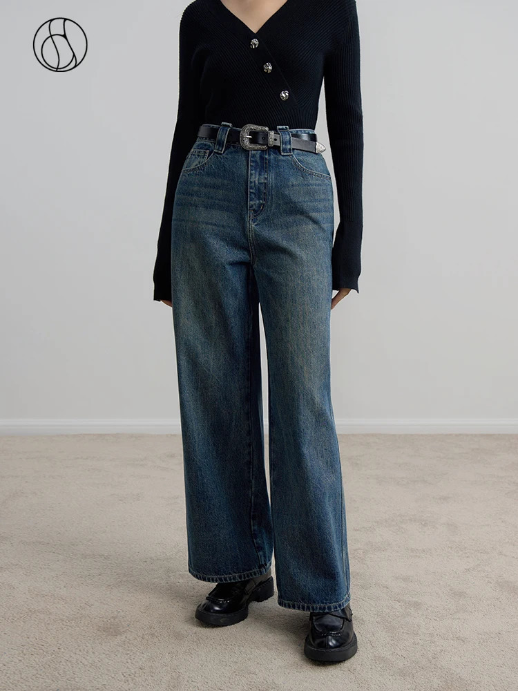 DUSHU High Waist Retro Denim Blue Women Winter Straight Long Jeans Twill Thick Female White Pant Tapered jean 241115