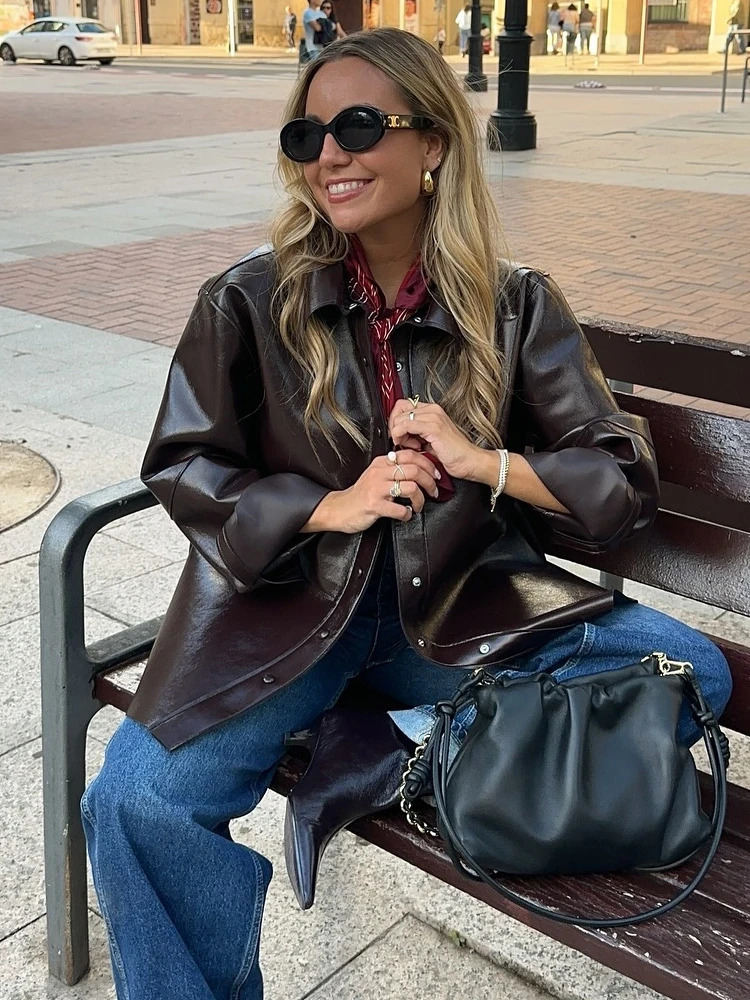Fashion leather mini set womens Y2K long sleeved bicycle jacket Hip bag short sleeved set womens street motorcycle set 241112