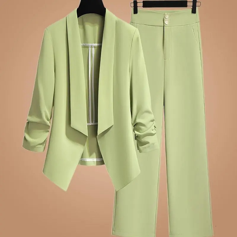 Womens Spring and Summer Green Jacket Pants Two Piece Set Office Elegant Thin Trouser Work Clothes 241115