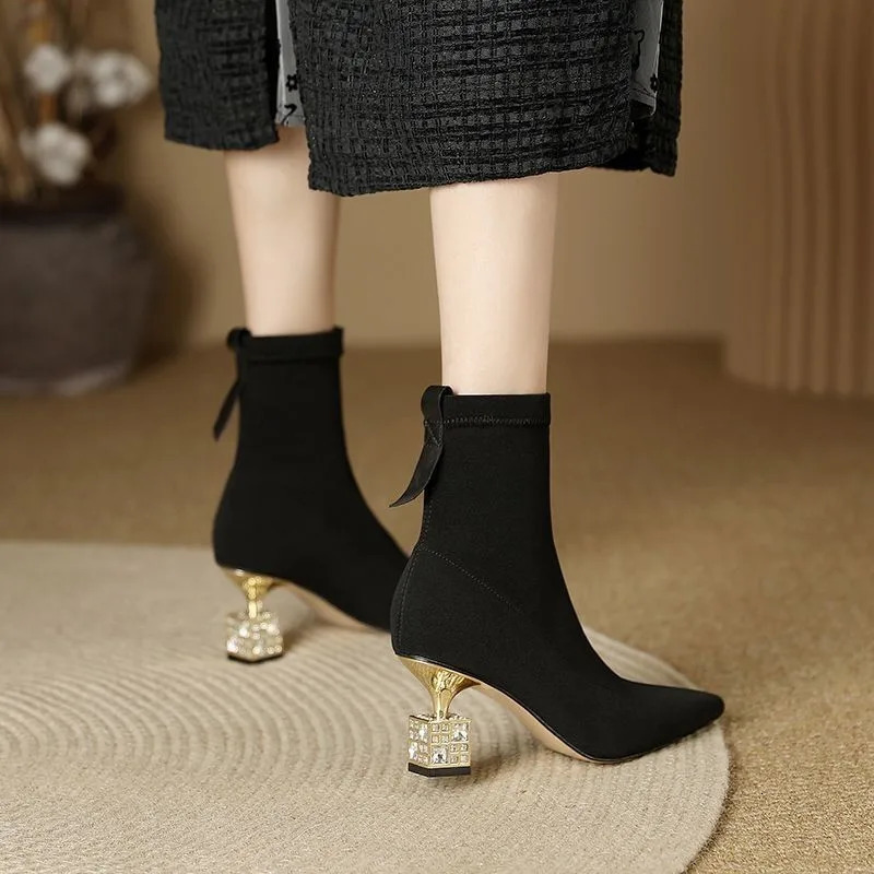 Spring/Summer Pointed Fashion Womens Elastic Boots Black Flip Cover Womens Casual Short Boots 241115