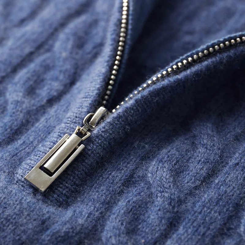 Autumn and winter 100% Merino wool cashmere sweater mens thick twist top zipper top plus size knitted sweater 241112