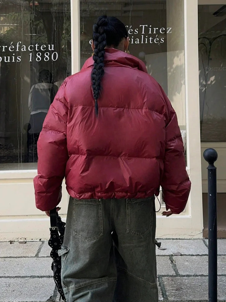 Vintage Burgundy Lapel Collar Women Cotton Coats Fashion Zipper Long Sleeve Down Jacket Lady Cool Girls Winter Commute Wear 241115