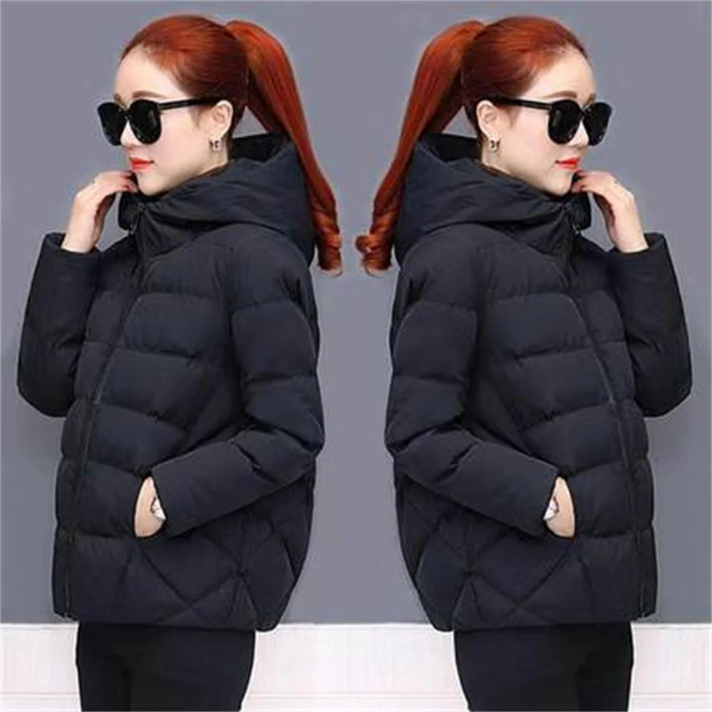 Black Fashion Puffer Coats Winter Hooded Cotton Coat Loose Jacket Short Down Casual Female Outwear 241115
