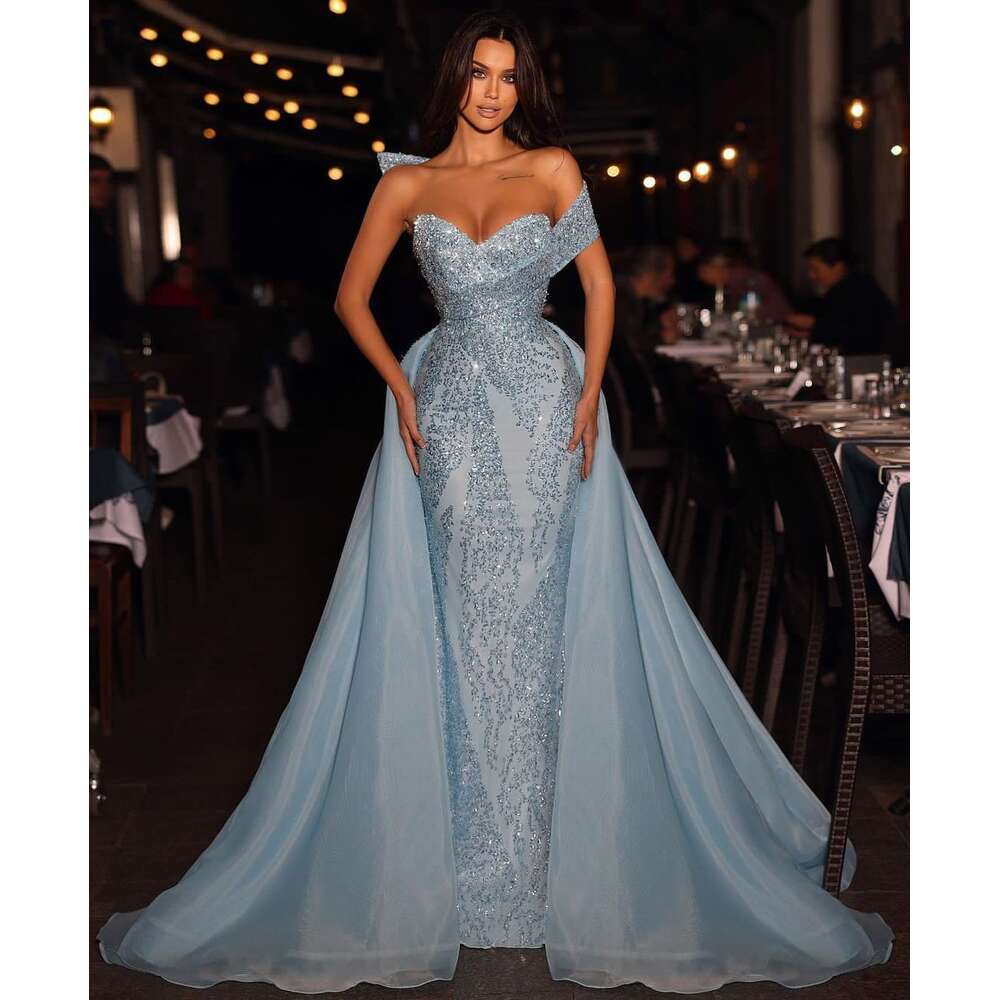 Mermaid Evening Blue Sleeveless V Neck Beaded D Lace Appliques Sequins Or Length Celebrity Detachable Train Formal Prom Dresses Gowns Party Dress 6660