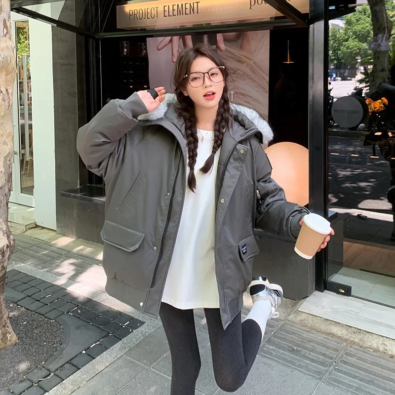 Fashionable Retro Womens Fur Collar Parker Cotton Coat Winter Style Casual Thick Warm Loose Jacket 241115