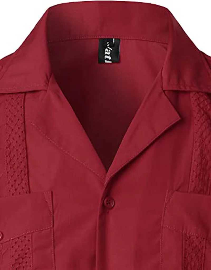 Men's Casual Shirts Wine Red Four-Pocket Cuban Guayabera Shirt Men Short Sleeve Camp Collar Male Embroidered Mexican Cigar Wedding Beach 240416
