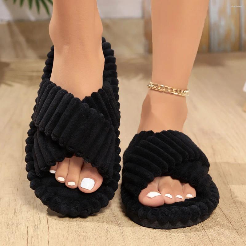Slippers Women Cross Band Double Straps House Soft Sole Open Toe Shoes Indoor Corduroy EVA Non Slip Spring Autumn Bedroom Slides