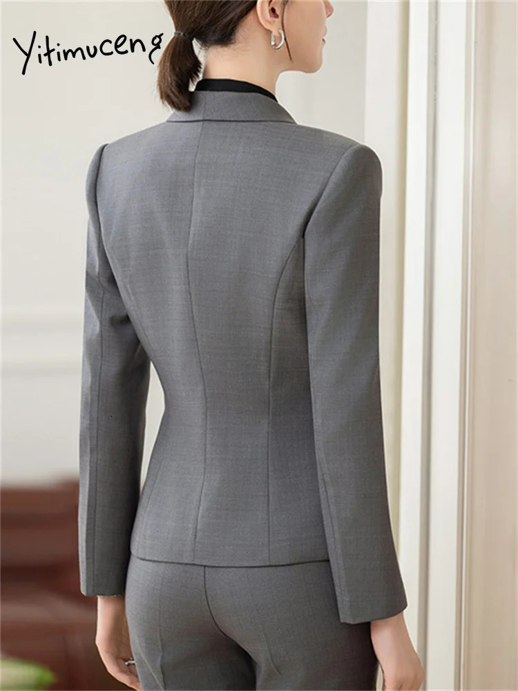 Yitimuceng Formal Work Pants Suits Korean Office Womens Solid Ultra Thin Long Sleeve Jacket Pencil Two Piece Set 241115