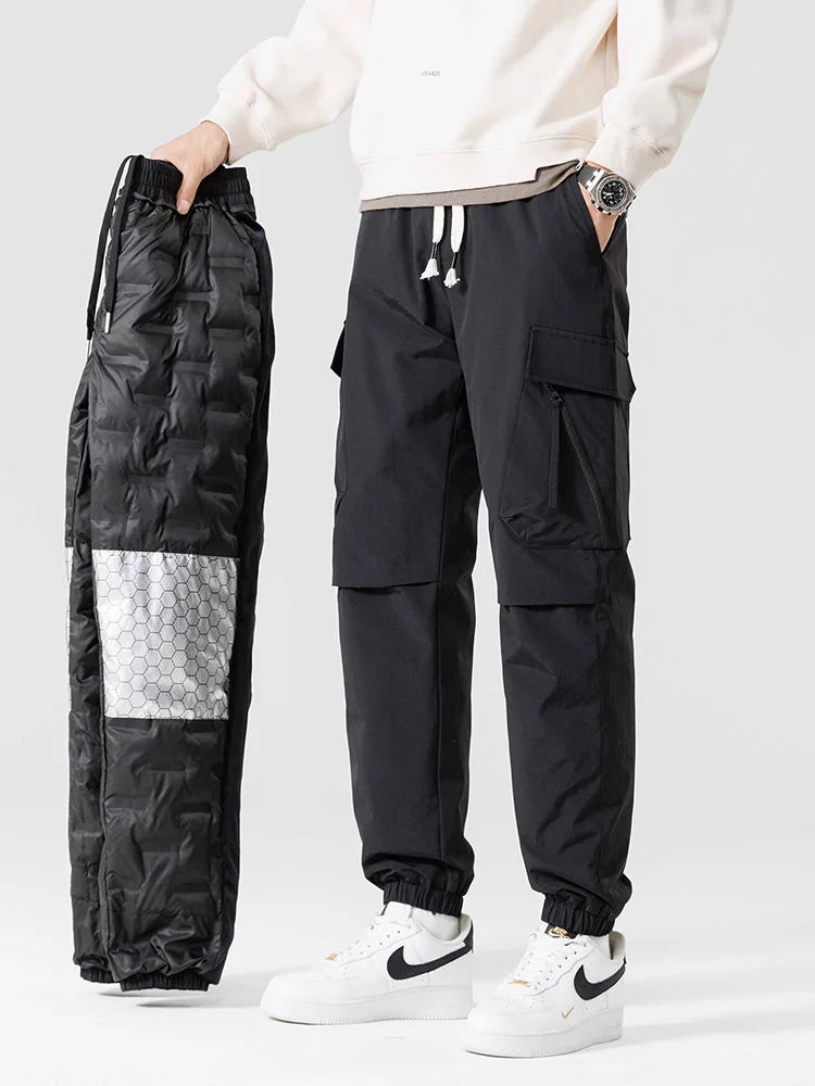 Winter Mens Running Inflatable Pants 90% White Duck Underpad Multi Pocket Thick Warm Cargo Windproof 241115