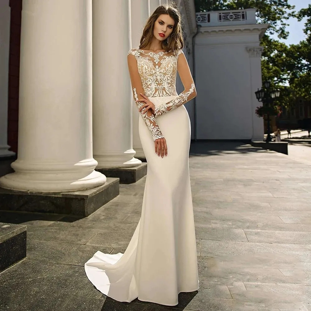 Ivory Elegant Satin Mermaid Wedding Dresses With Illusion Long Sleeves Lace Appliqued Bridal Gowns Sweep Train Boho Garden Beach Robes de Mariee Butto