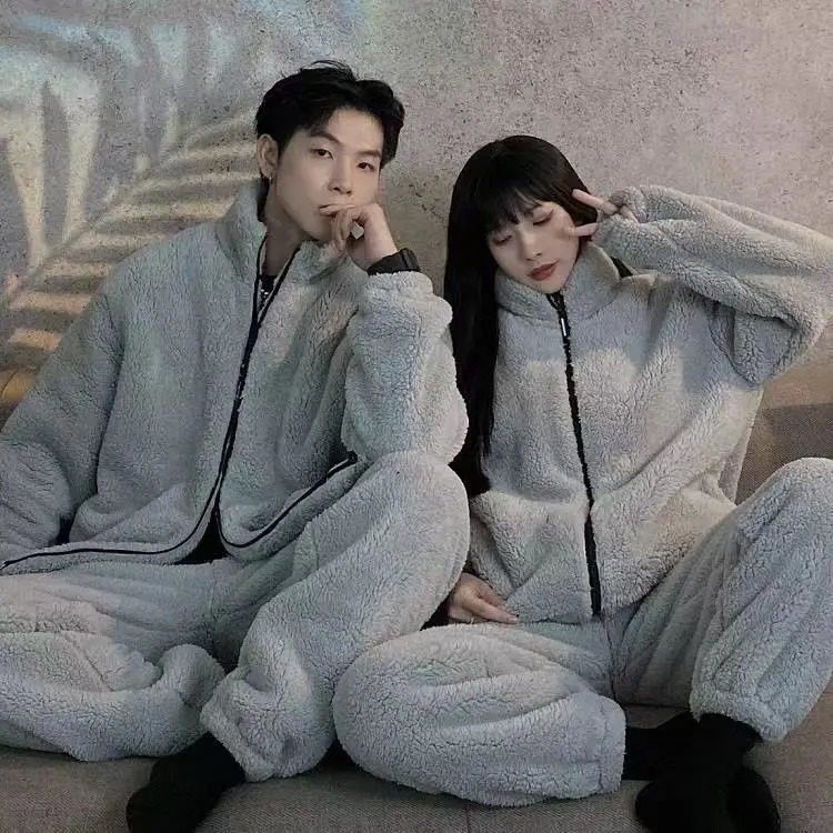 Coral fleece sleepwear set for men and women winter warm sleepwear with long sleeves Trouser sleepwear thick sleepwear zipper hooded sleepwear 241112