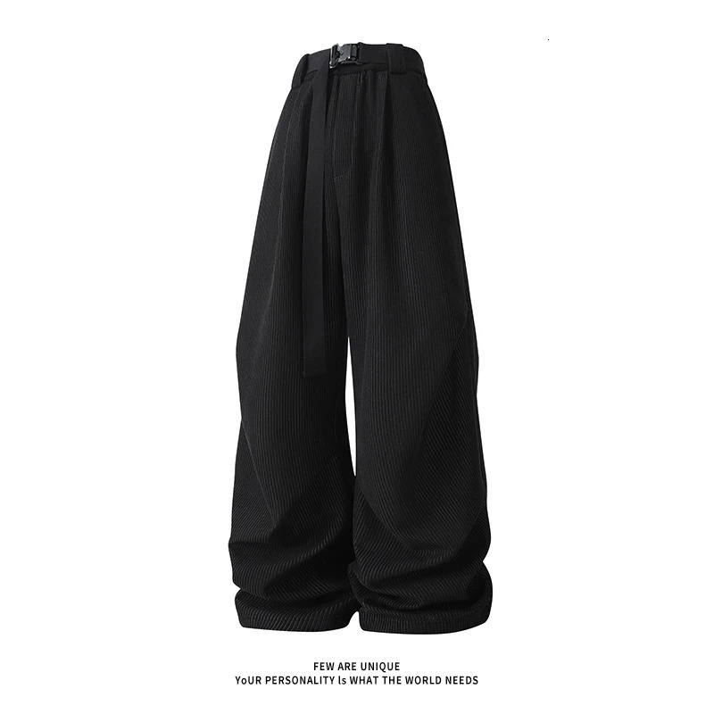 Winter mens wide leg straight sports pants Korean fashion warm wool track casual long strap 241115