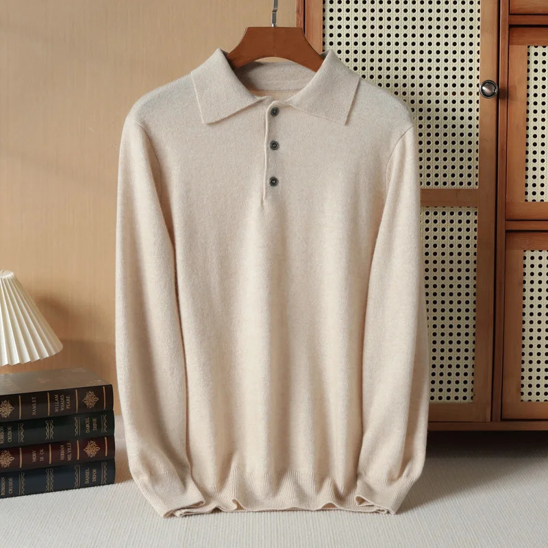 Mens 100% cashmere sweater polo shirt knitted winter soft rubber long sleeved highend warm pull autumn C 241115