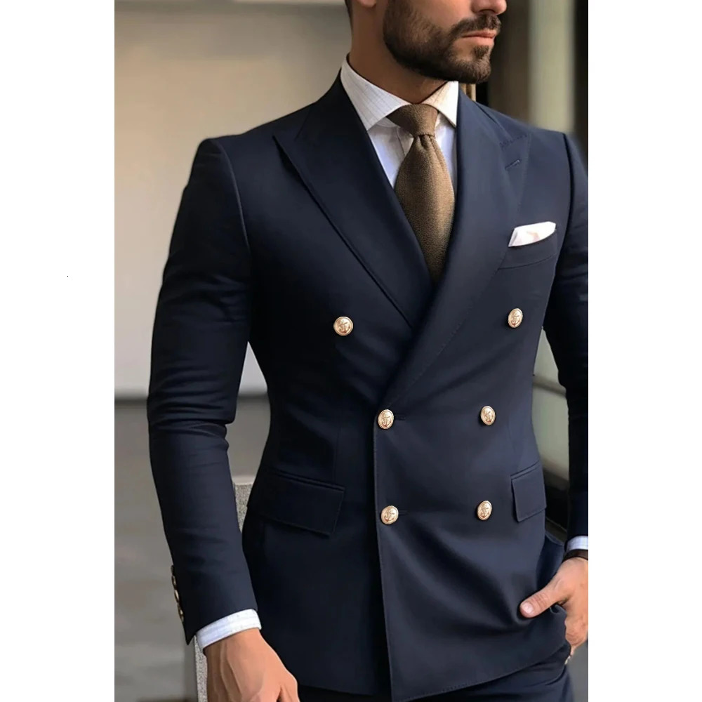 Highend Navy Blue Solid Men Suits Elegant Lapel Double Breasted Two Piece Fashion Business Casual Wedding Party Tuxedo 241115