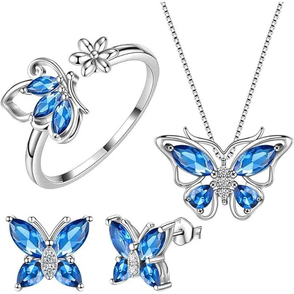 Butterfly Birth Stone Pendant Necklace/Earrings/Rings Wedding Anniversary Gift Jewelry Set X241116