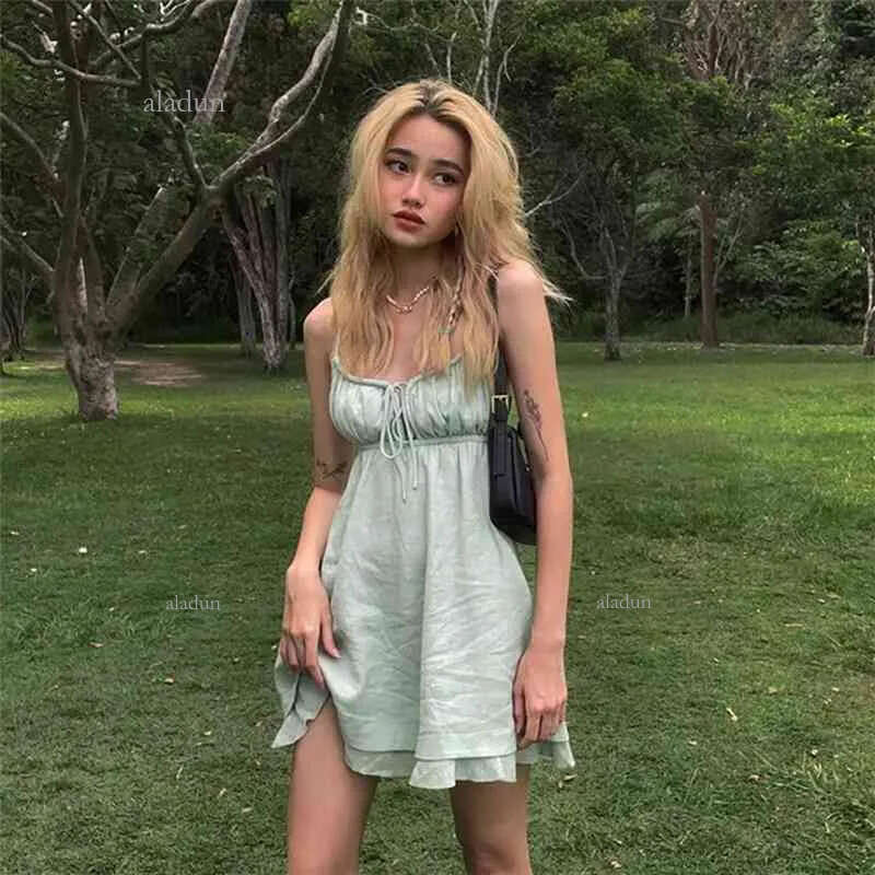 Mint Green Grunge Fairy Dresses Summer Spaghetti Strap Backless Sexy Sundresses Ruffles Strap Mini Dresses Women Clothes 210521