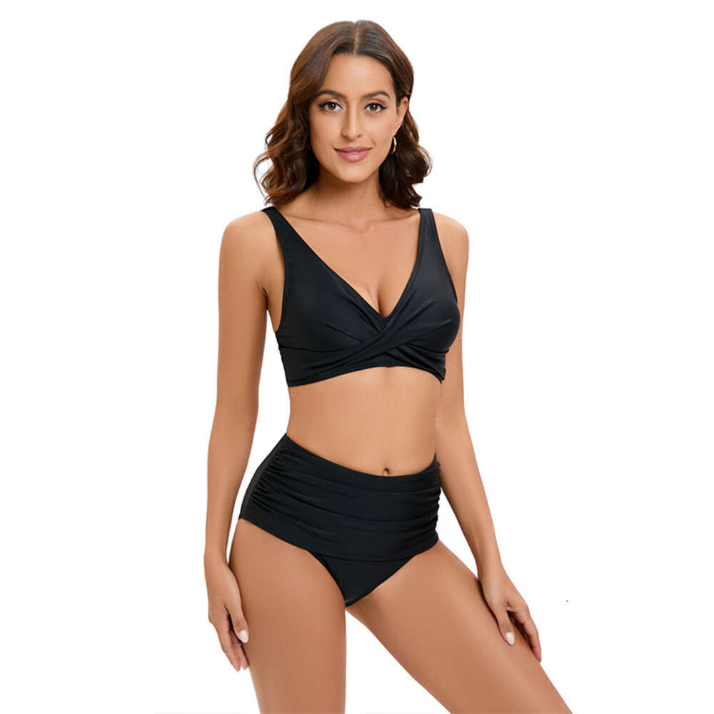 Two Piece Set of Large-sized Solid Color High Waisted Bikini Double Shoulder Swimsuit, Split Body Swimsuit for Women F41649