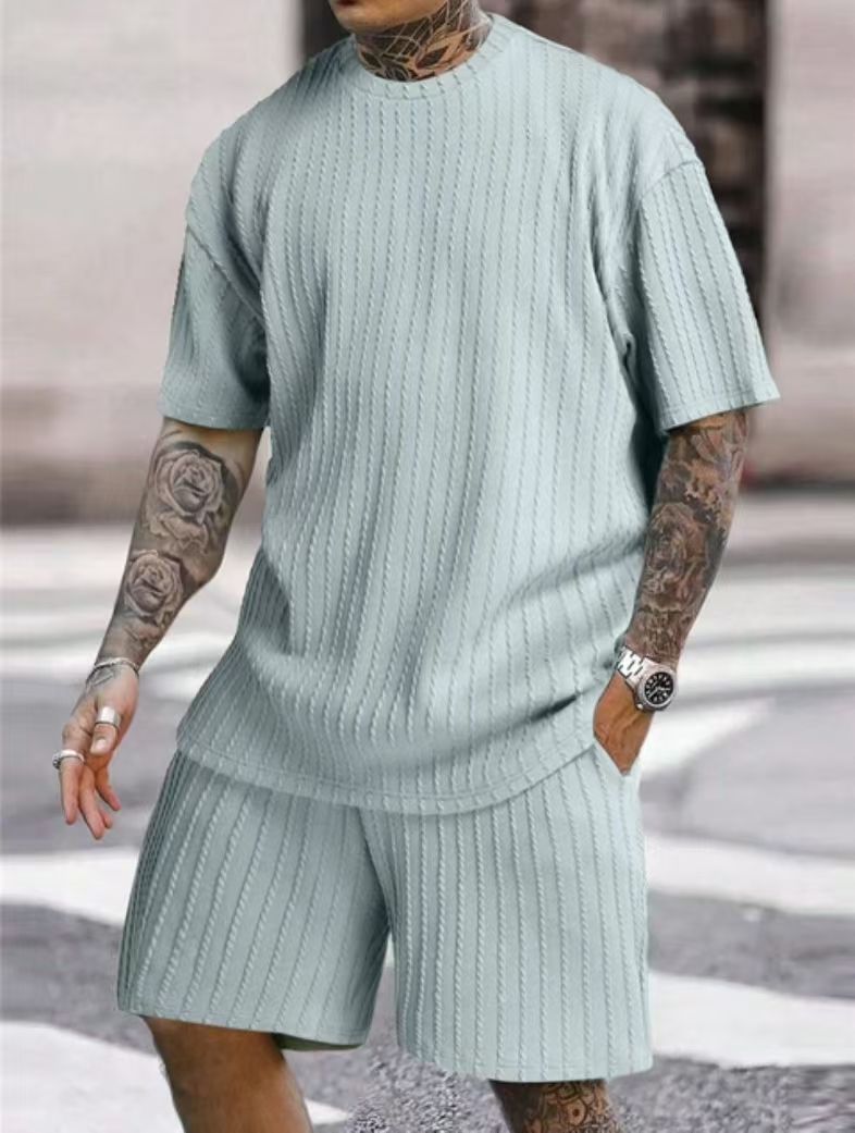 Designer men's sports suit solid color round neck pullover vertical T-shirt shorts two-piece casual suit