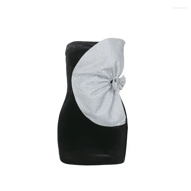 Casual Dresses BOOFEENAA Glitter Patchwork Black Velvet Tube Top Short For Women Sexy Celebrity Party Dress Ladies 2024C69-BH18